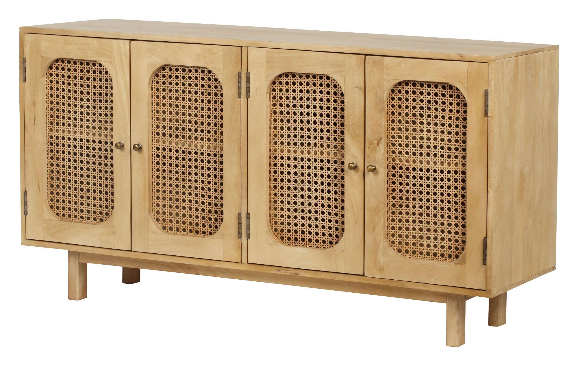 Product photograph of Indi Wood And Rattan 4 Door Medium Sideboard from Choice Furniture Superstore.
