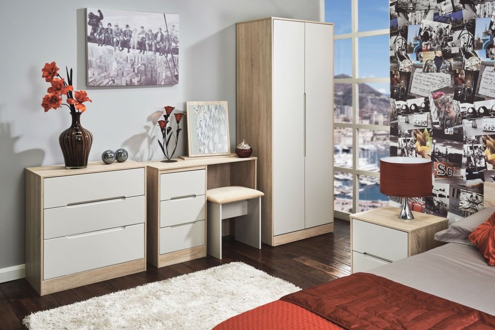 Product photograph of Monaco Cashmere And Oak Effect 2 Drawer Bedside Cabinet from Choice Furniture Superstore.