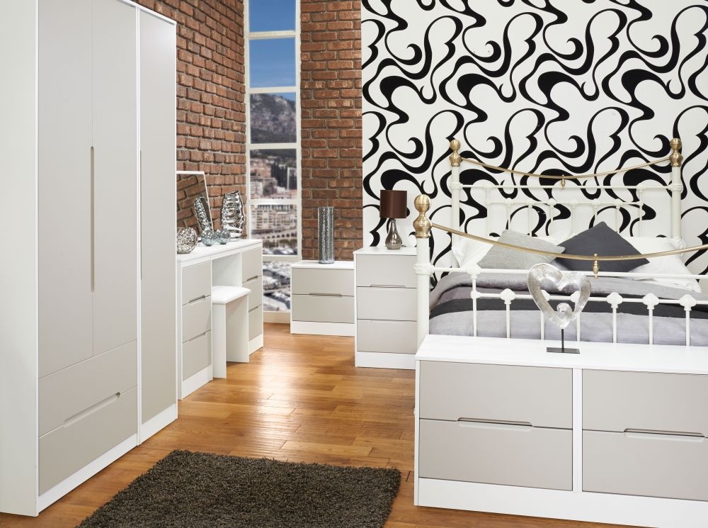 Product photograph of Monaco Cashmere And White 3 Drawer Beside Cabinet from Choice Furniture Superstore.