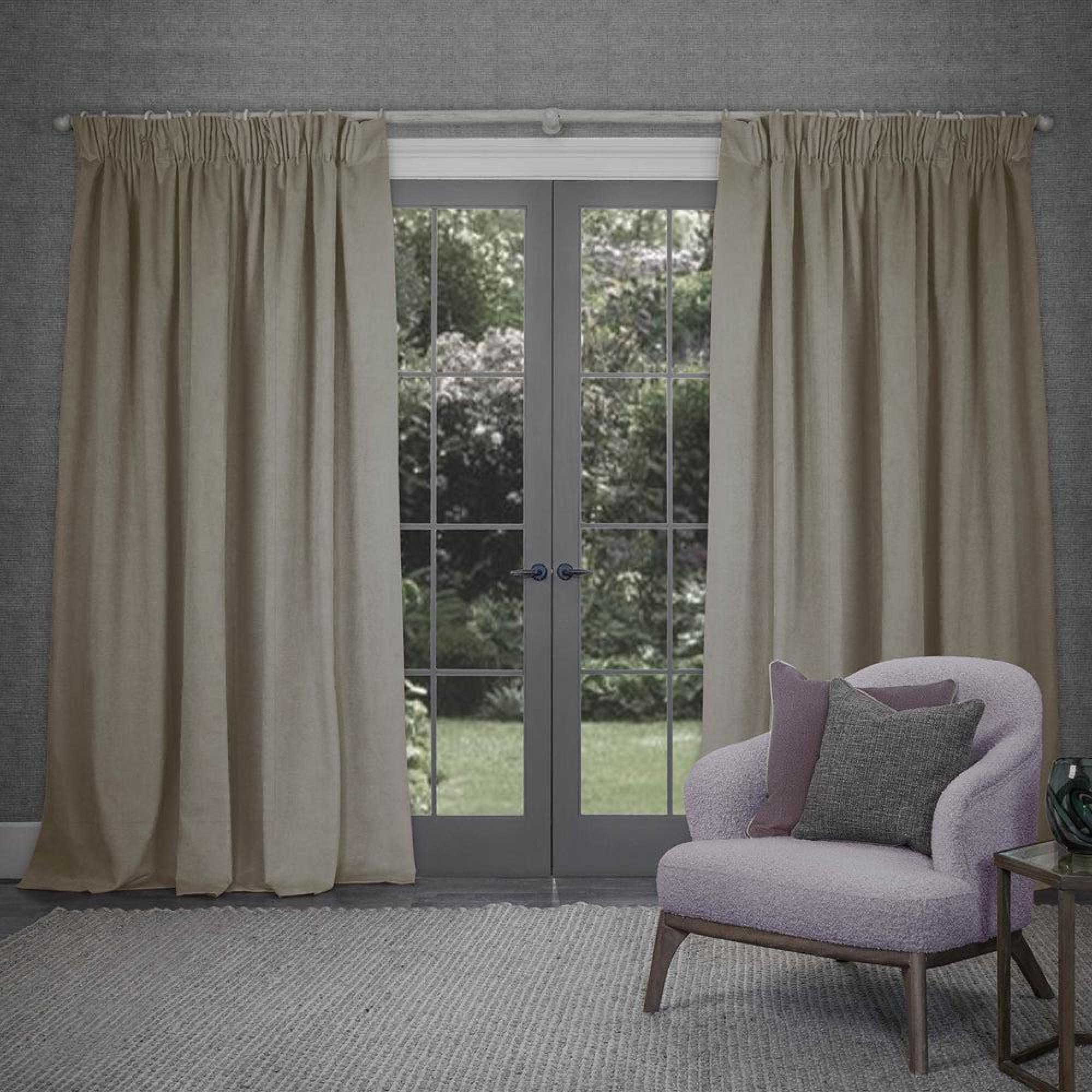 Product photograph of Voyage Maison Latte Cube Viscose Pencil Pleat Curtains from Choice Furniture Superstore.