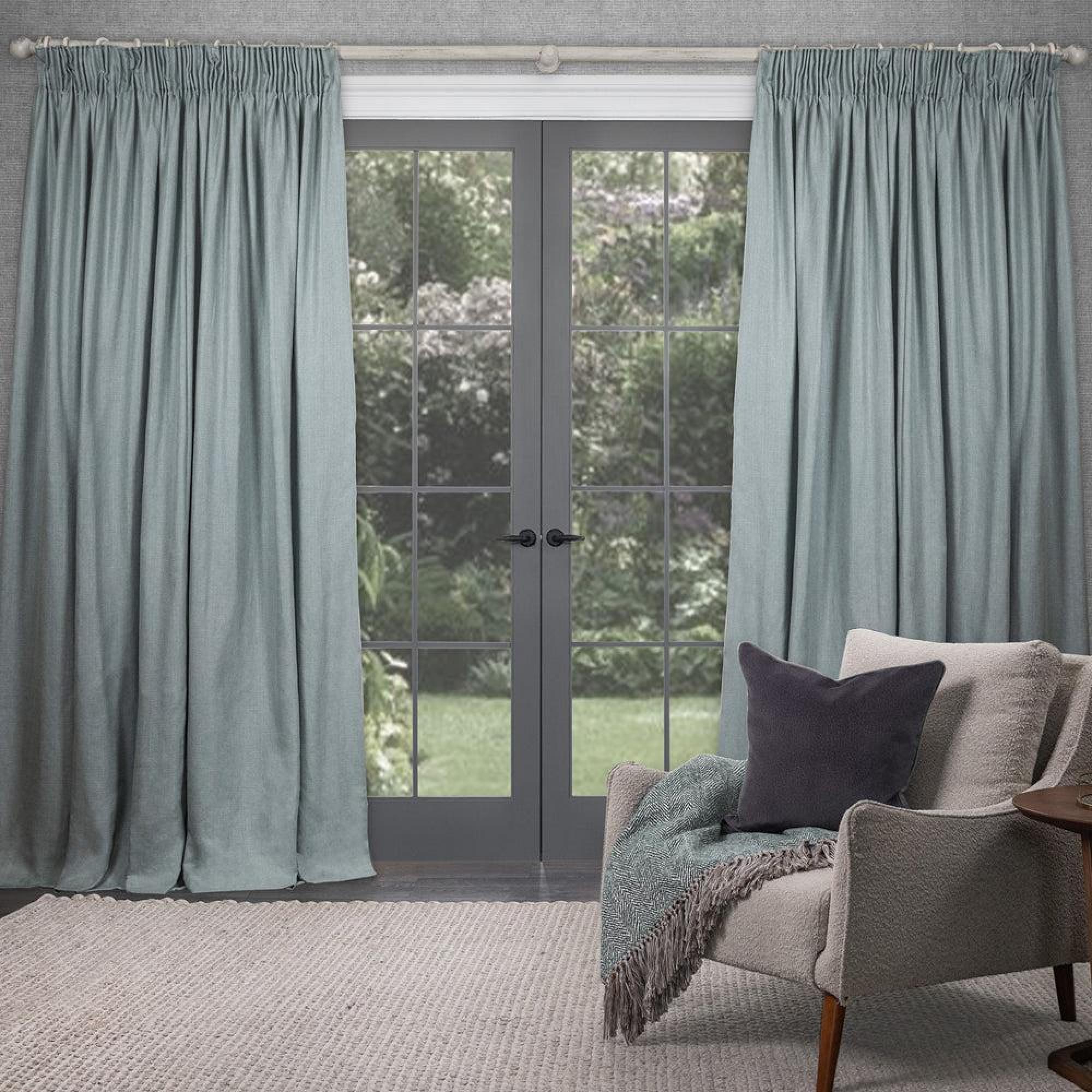 Product photograph of Voyage Maison Sea Mist Polyester Emilio Woven Pencil Pleat Curtains from Choice Furniture Superstore.