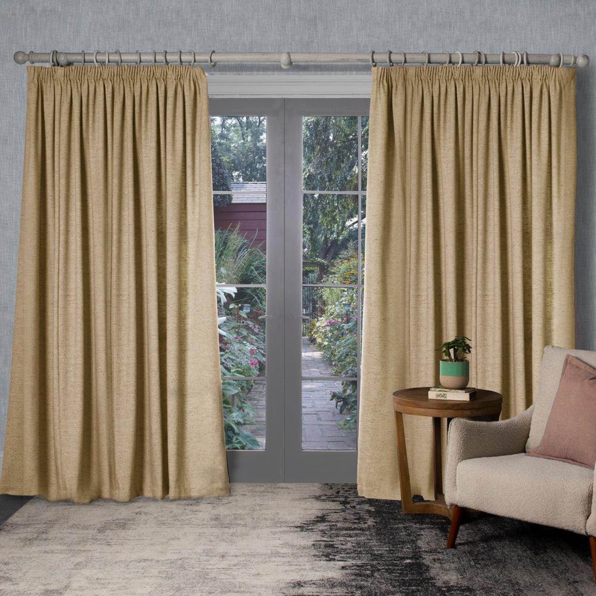 Product photograph of Voyage Maison Corn Polyester Helmsley Woven Pencil Pleat Curtains from Choice Furniture Superstore.