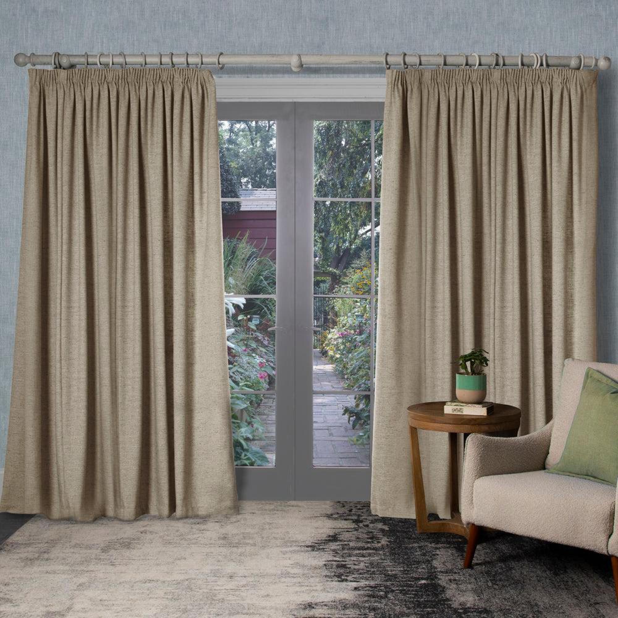 Product photograph of Voyage Maison Nut Polyester Helmsley Woven Pencil Pleat Curtains from Choice Furniture Superstore.