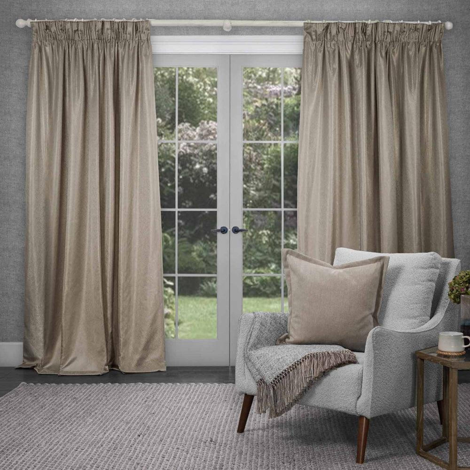 Product photograph of Voyage Maison Truffle Polyester Sereno Woven Pencil Pleat Curtains from Choice Furniture Superstore.
