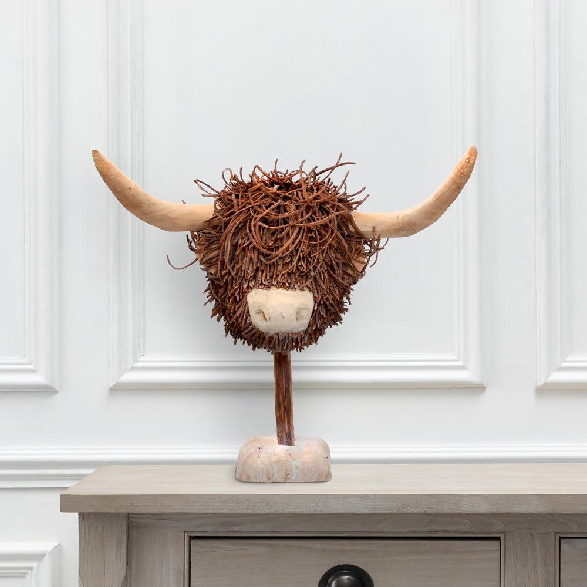 Product photograph of Voyage Maison Brown Wood Highland Cow Hand Crafted Sculpture from Choice Furniture Superstore.