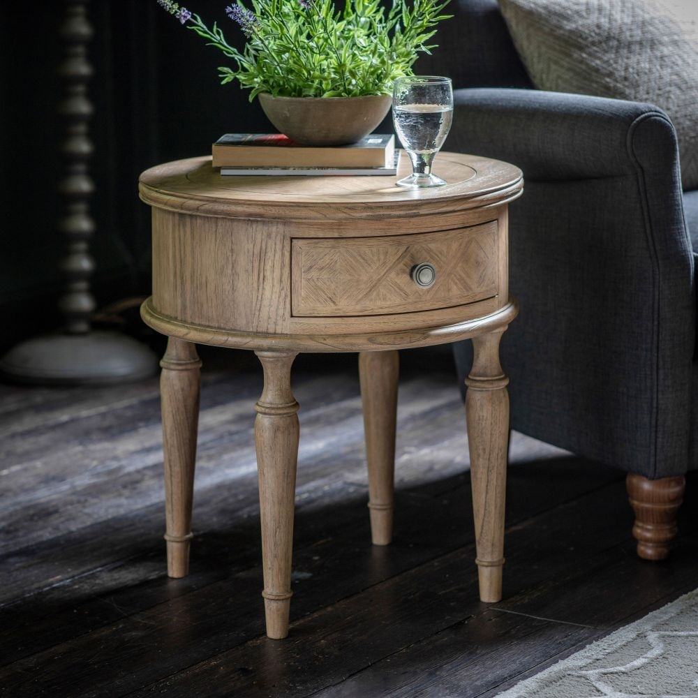 Product photograph of Mustique Mindi Wood Round Side Table - 1 Drawer from Choice Furniture Superstore.