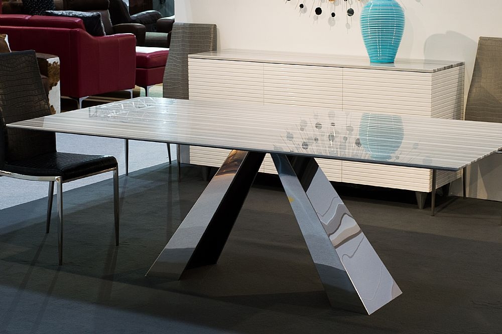Product photograph of Stone International Butterfly Dining Table - Marble And Polished Stainless Steel from Choice Furniture Superstore.