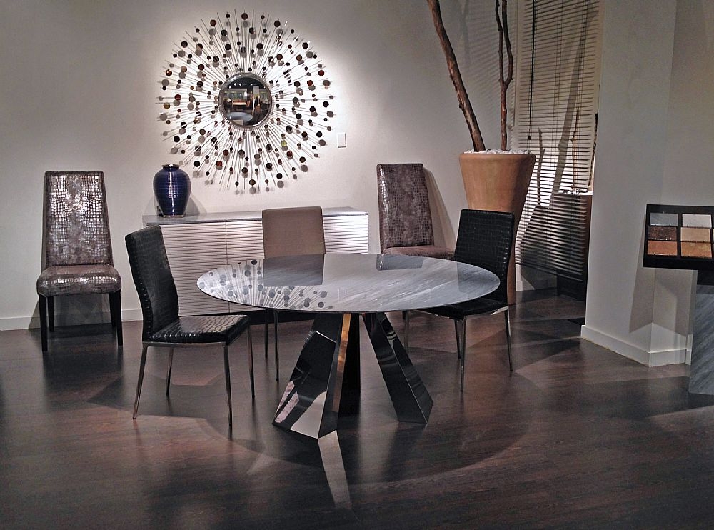Product photograph of Stone International Butterfly Round Dining Table - Marble And Polished Stainless Steel from Choice Furniture Superstore.