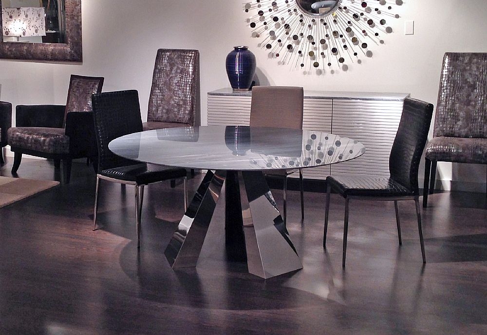 Product photograph of Stone International Butterfly Round Dining Table - Marble And Polished Stainless Steel from Choice Furniture Superstore.