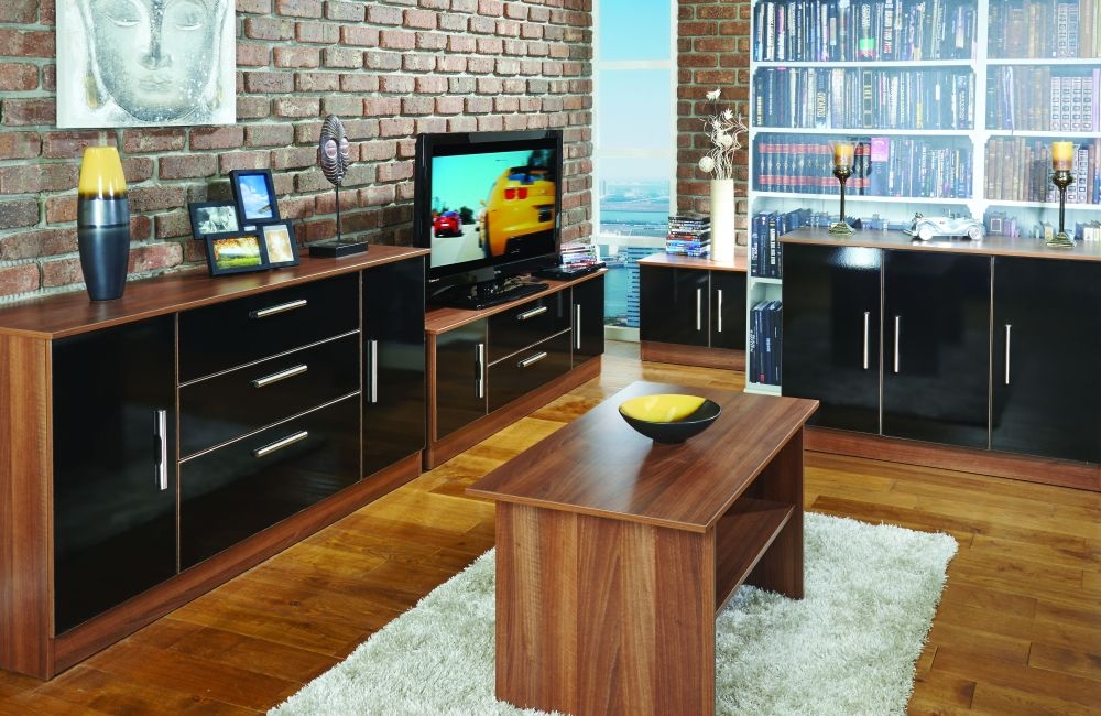 Product photograph of Contrast High Gloss Black And Noche Walnut 2 Door 3 Drawer Wide Sideboard from Choice Furniture Superstore.