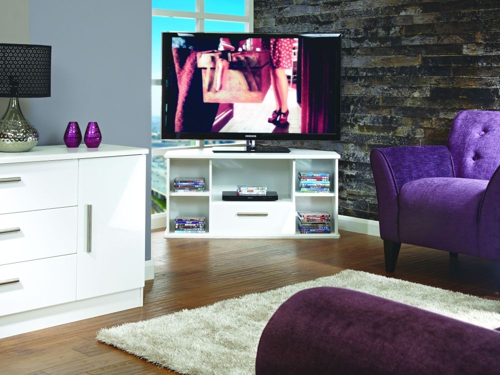 Product photograph of Knightsbridge White Gloss 115cm Corner Tv Unit from Choice Furniture Superstore.