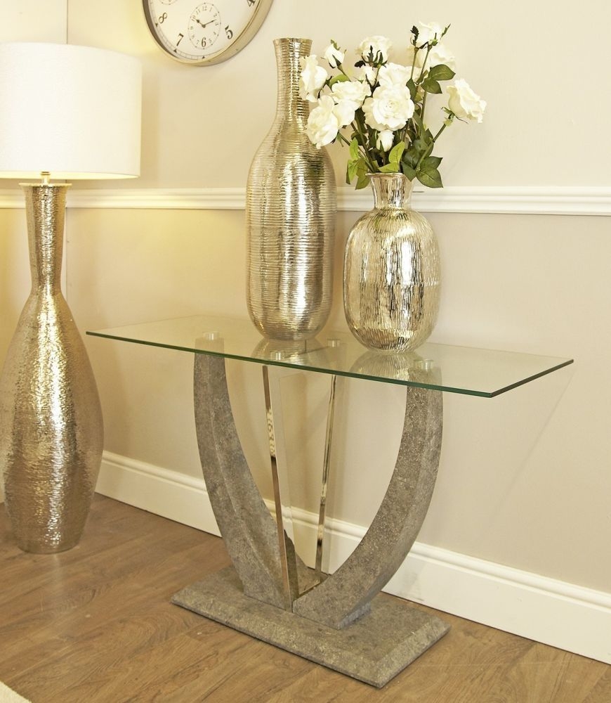 Product photograph of Leo Glass And Grey Console Table from Choice Furniture Superstore.