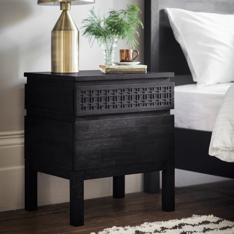 Product photograph of Boho Boutique Black Mango Wood 2 Drawer Bedside Cabinet from Choice Furniture Superstore.