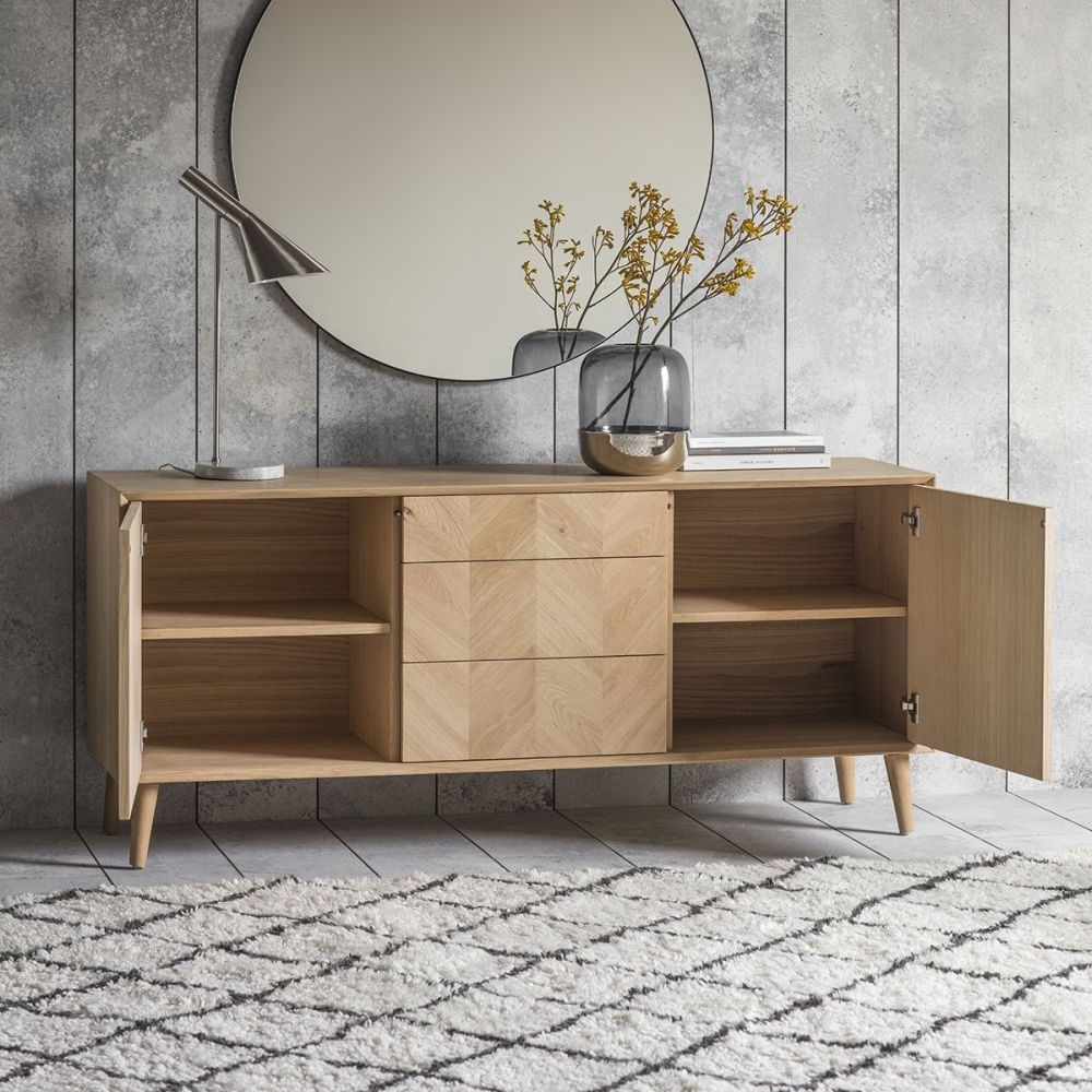 Product photograph of Lancaster Chevron Oak 2 Door 3 Drawer Sideboard from Choice Furniture Superstore.