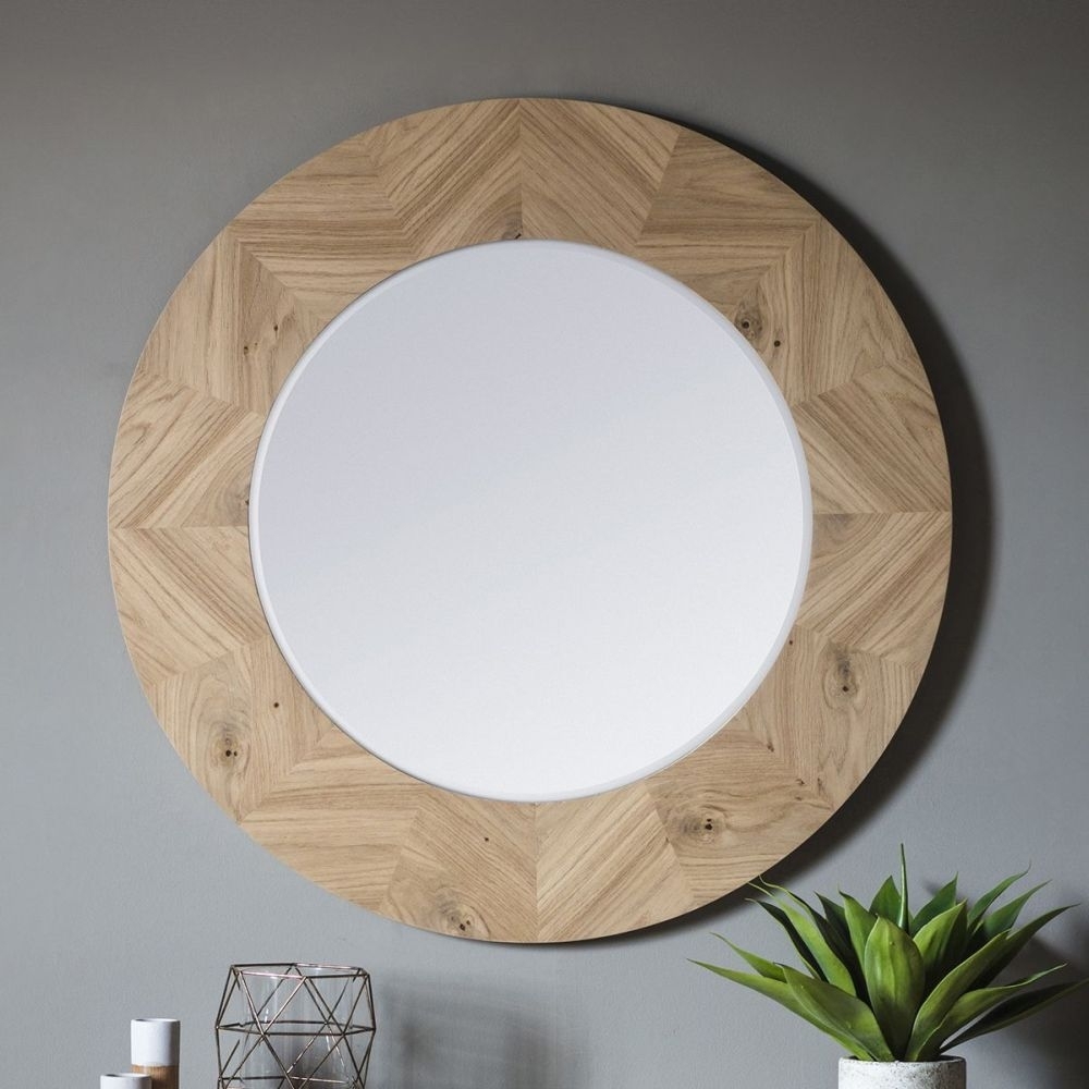 Product photograph of Milano Chevron Oak Round Mirror - W 90cm X D 2 5cm X H 90cm from Choice Furniture Superstore.
