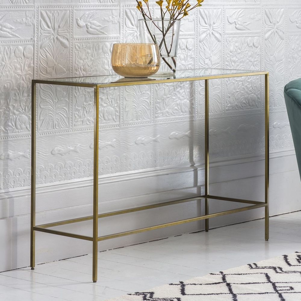 Product photograph of Norwich Glass And Metal Console Table - Comes In Silver And Champagne Options from Choice Furniture Superstore.