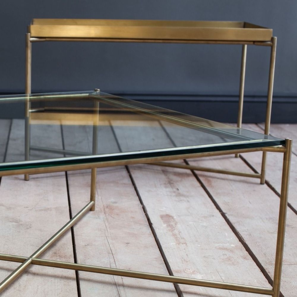 Product photograph of Gillmore Space Iris Brass Tray Top Small Console Table With Gun Metal Frame from Choice Furniture Superstore.