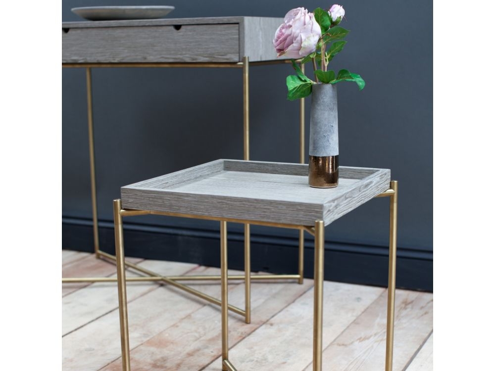 Product photograph of Gillmore Space Iris Weathered Oak Top Rectangular Side Table With Gunmetal Tray And Frame from Choice Furniture Superstore.