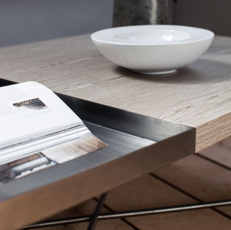 Product photograph of Gillmore Space Iris Weathered Oak Top Rectangular Coffee Table With Gun Metal Tray And Frame from Choice Furniture Superstore.