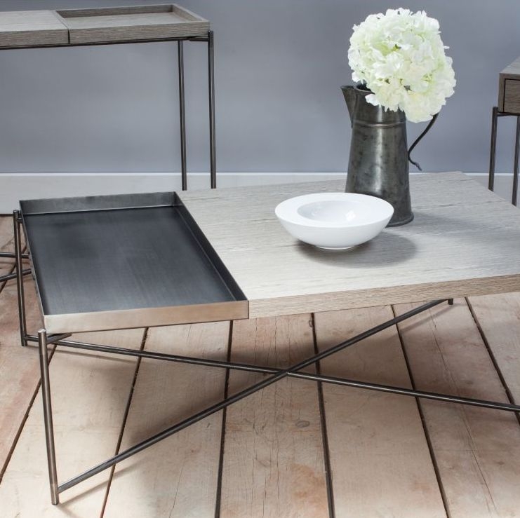 Product photograph of Gillmore Space Iris Weathered Oak Top Rectangular Coffee Table With Gun Metal Tray And Frame from Choice Furniture Superstore.