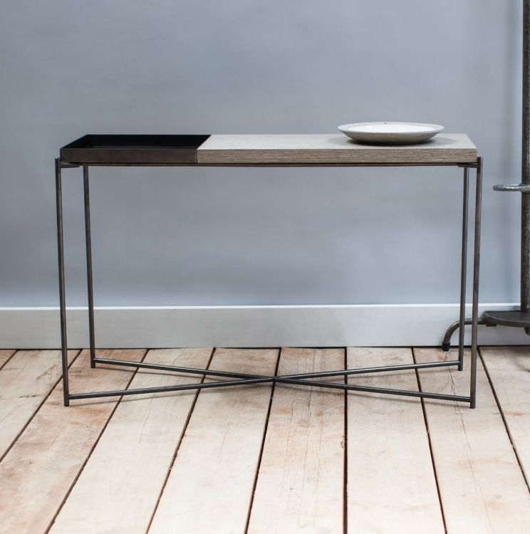 Product photograph of Gillmore Space Iris Weathered Oak Top Large Console Table With Small Gun Metal Tray And Frame from Choice Furniture Superstore.