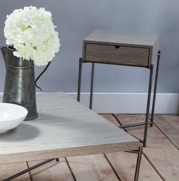 Product photograph of Gillmore Space Iris Weathered Oak Tray Top Square Side Table With Gun Metal Frame from Choice Furniture Superstore.