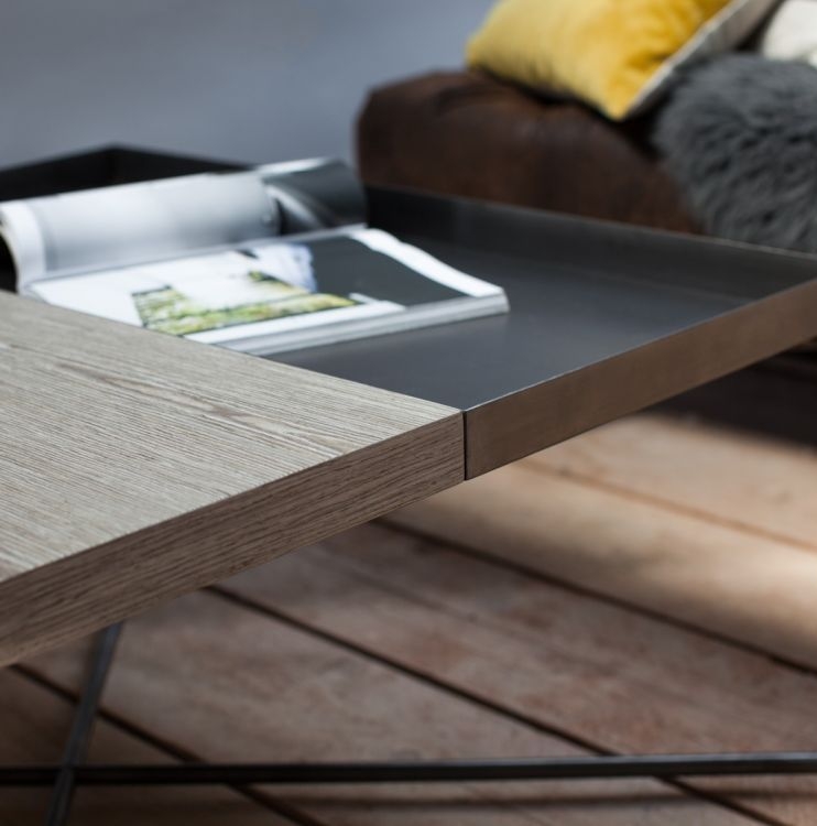 Product photograph of Gillmore Space Iris Weathered Oak Top Square Coffee Table With Gun Metal Tray And Frame from Choice Furniture Superstore.