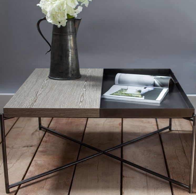 Product photograph of Gillmore Space Iris Weathered Oak Top Square Coffee Table With Gun Metal Tray And Frame from Choice Furniture Superstore.