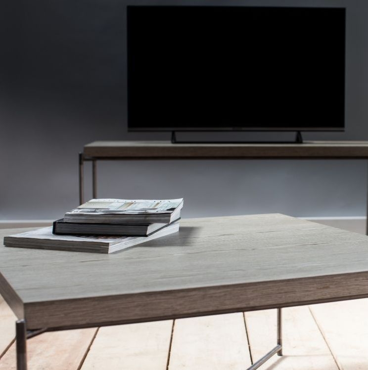 Product photograph of Iris Weathered Oak Low Console Table With Gun Metal Frame from Choice Furniture Superstore.