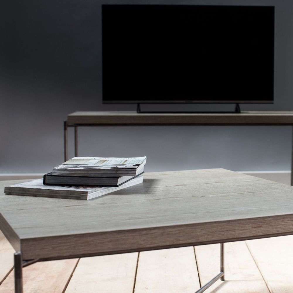 Product photograph of Iris Weathered Oak Large Console Table With Gun Metal Frame from Choice Furniture Superstore.