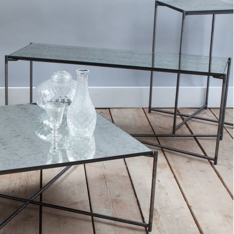 Product photograph of Iris Antiqued Glass Low Console Table With Gun Metal Frame from Choice Furniture Superstore.