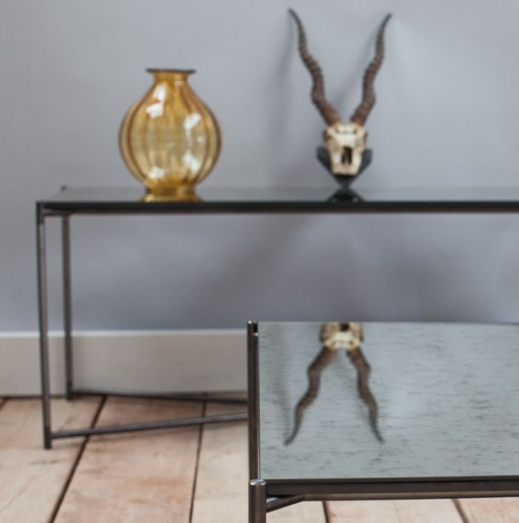 Product photograph of Iris Antiqued Glass Low Console Table With Gun Metal Frame from Choice Furniture Superstore.