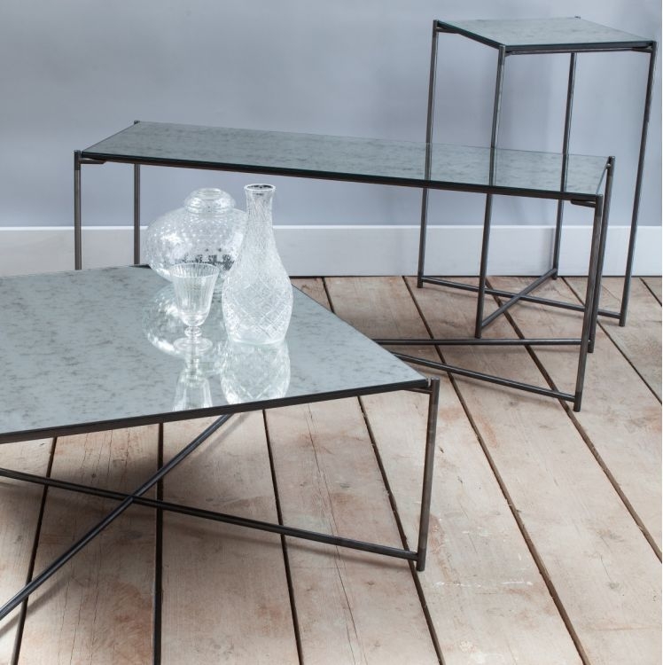 Product photograph of Iris Antiqued Glass Square Plant Stand With Gun Metal Frame from Choice Furniture Superstore.