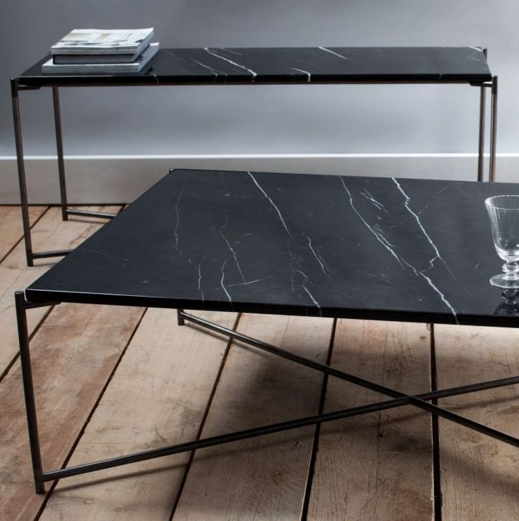 Product photograph of Gillmore Space Iris Black Marble Top Large Low Console Table With Gun Metal Frame from Choice Furniture Superstore.