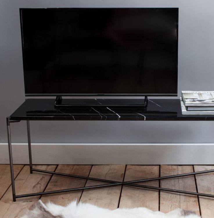 Product photograph of Gillmore Space Iris Black Marble Top Large Low Console Table With Gun Metal Frame from Choice Furniture Superstore.