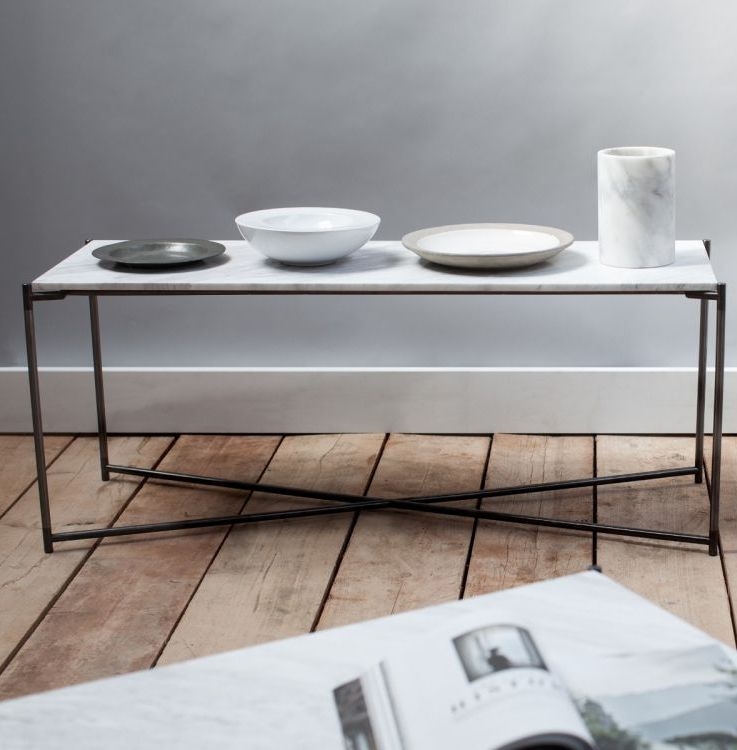 Product photograph of Iris White Marble Low Console Table With Gun Metal Frame from Choice Furniture Superstore.