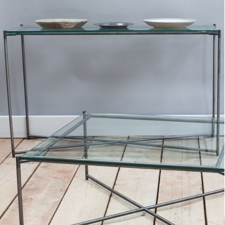 Product photograph of Iris Clear Glass Large Console Table With Gun Metal Frame from Choice Furniture Superstore.