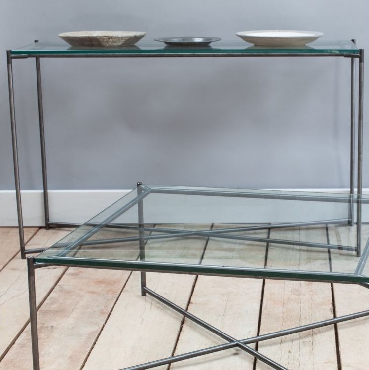 Product photograph of Gillmore Space Iris Clear Glass Top Rectangular Side Table With Gun Metal Frame from Choice Furniture Superstore.