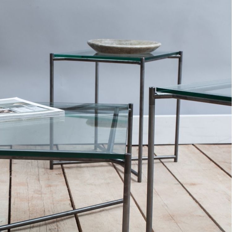 Product photograph of Gillmore Space Iris Clear Glass Top Square Side Table With Gun Metal Frame from Choice Furniture Superstore.