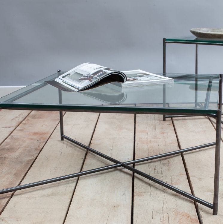 Product photograph of Gillmore Space Iris Clear Glass Top Square Coffee Table With Gun Metal Frame from Choice Furniture Superstore.