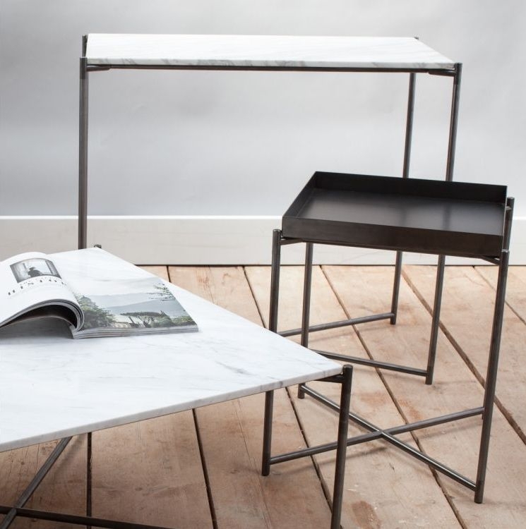 Product photograph of Gillmore Space Iris Gun Metal Tray Top Small Console Table With Brass Frame from Choice Furniture Superstore.