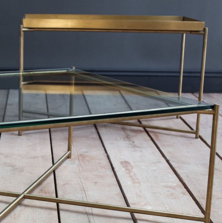 Product photograph of Gillmore Space Iris Gun Metal Tray Top Small Console Table With Brass Frame from Choice Furniture Superstore.