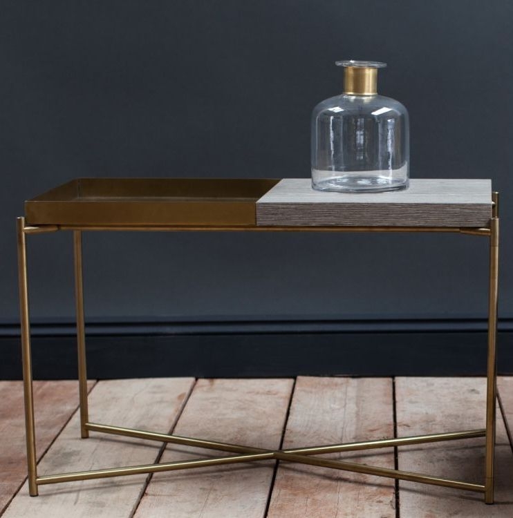 Product photograph of Gillmore Space Iris Weathered Oak Top And Brass Tray Small Console Table With Brass Frame from Choice Furniture Superstore.