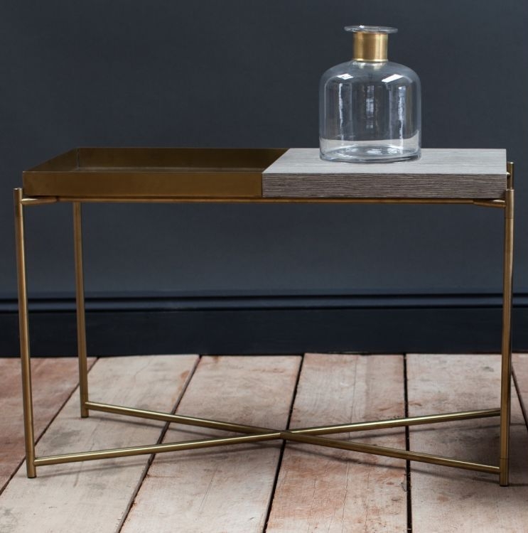 Product photograph of Gillmore Space Iris Weathered Oak Top And Brass Tray Rectangular Side Table With Brass Frame from Choice Furniture Superstore.