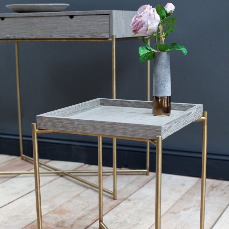 Product photograph of Gillmore Space Iris Weathered Oak Top And Small Tray Large Console Table With Brass Frame from Choice Furniture Superstore.