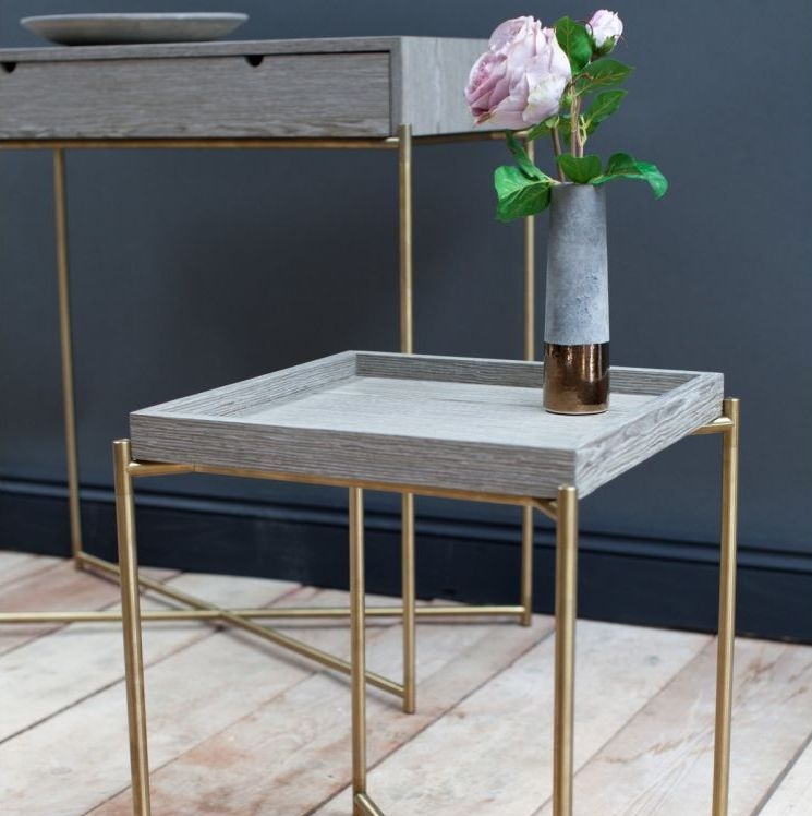 Product photograph of Iris Weathered Oak Tray Square Plant Stand With Brass Frame from Choice Furniture Superstore.
