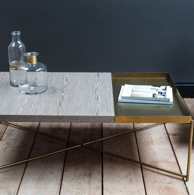 Product photograph of Gillmore Space Iris Weathered Oak Top Rectangular Coffee Table With Brass Tray And Brass Frame from Choice Furniture Superstore.