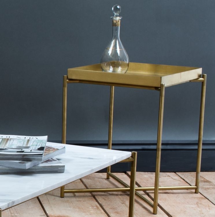 Product photograph of Gillmore Space Iris Brass Tray Top With Brass Frame Square Side Table from Choice Furniture Superstore.