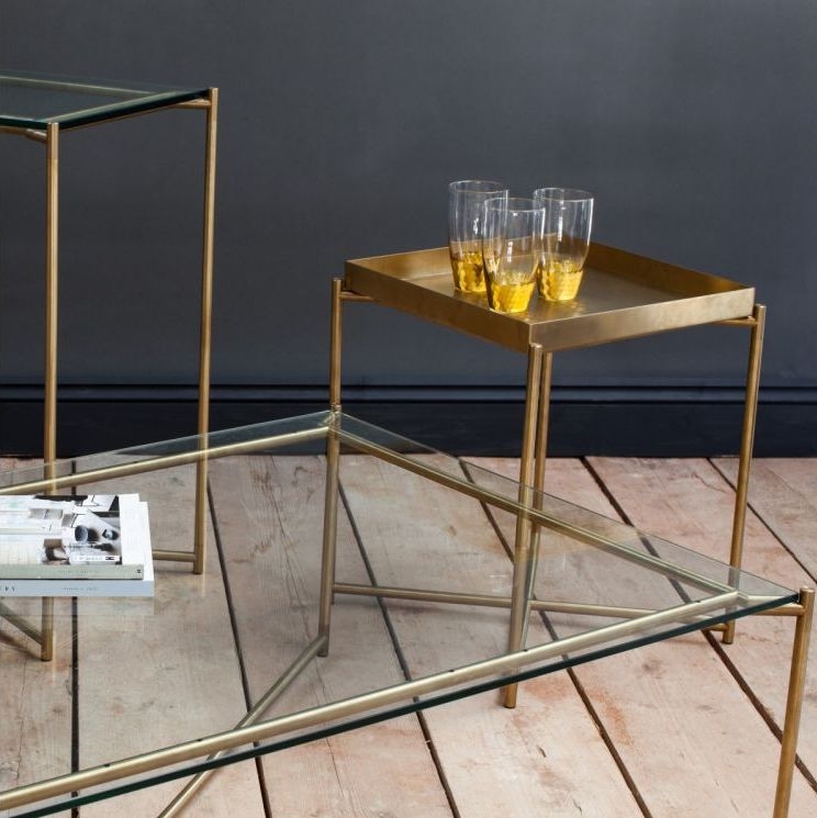 Product photograph of Gillmore Space Iris Brass Tray Top With Brass Frame Square Side Table from Choice Furniture Superstore.