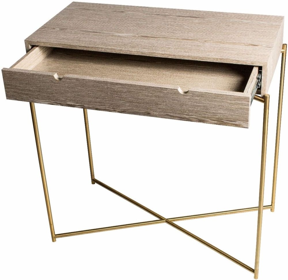 Product photograph of Gillmore Space Iris Weathered Oak Top 1 Drawer Small Console Table With Brass Frame from Choice Furniture Superstore.